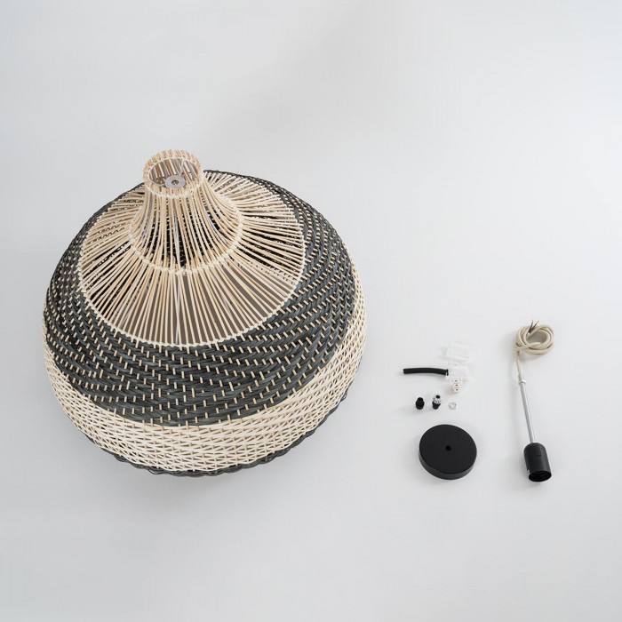 GloboStar® BARBADOS 01947 Boho Κρεμαστό Φωτιστικό Καμπάνα Μονόφωτο 1 x E27 IP20 Μπεζ & Χακί Ξύλο - Μ60 x Π60 x Υ60cm