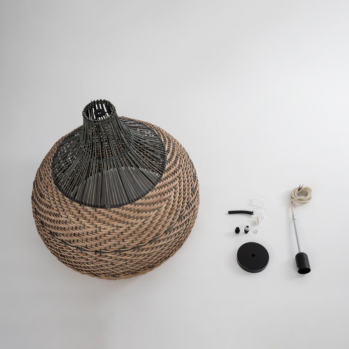 GloboStar® SEYCHELLES 01949 Boho Κρεμαστό Φωτιστικό Καμπάνα Μονόφωτο 1 x E27 IP20 Μπεζ, Καφέ & Χακί Ξύλο - Μ60 x Π60 x Υ60cm