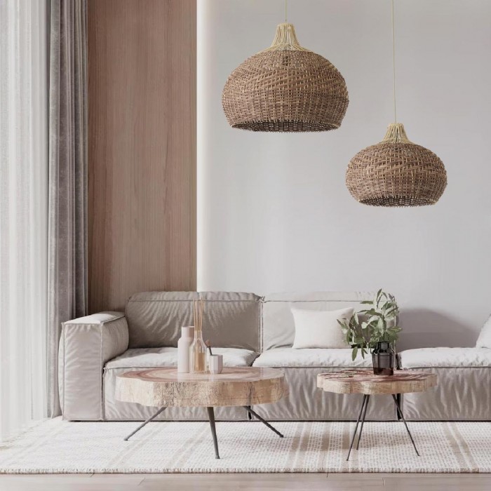 GloboStar® PANAMA 01952 Boho Κρεμαστό Φωτιστικό Καμπάνα Μονόφωτο 1 x E27 IP20 Καφέ & Μπεζ Ξύλο - Μ40 x Π40 x Υ34cm