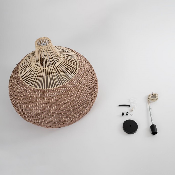 GloboStar® PANAMA 01953 Boho Κρεμαστό Φωτιστικό Καμπάνα Μονόφωτο 1 x E27 IP20 Καφέ & Μπεζ Ξύλο - Μ60 x Π60 x Υ60cm