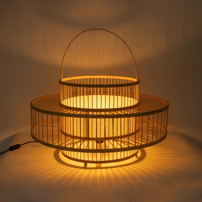 GloboStar® SORENIA 02004 Boho Επιδαπέδιο Φωτιστικό Μονόφωτο 1 x E27 AC220-240V IP20 - Φ60 x Υ32cm - Μπεζ Ξύλινο Μπαμπού Πλέγμα