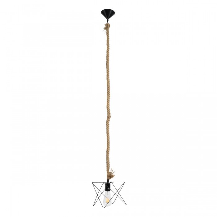 GloboStar® KAZEMI 02018 Μοντέρνο Κρεμαστό Φωτιστικό Πλέγμα Μονόφωτο 1 x E27 IP20 Μαύρο Μέταλλο με Μπεζ Σχοινί - Μ18 x Π18 x Υ17cm