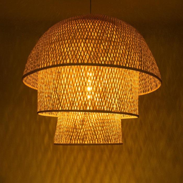 GloboStar® HIROKA 02046 Boho Κρεμαστό Φωτιστικό Καμπάνα Μονόφωτο 1 x E27 IP20 Μπεζ Ξύλο - Μ100 x Π100 x Υ110cm