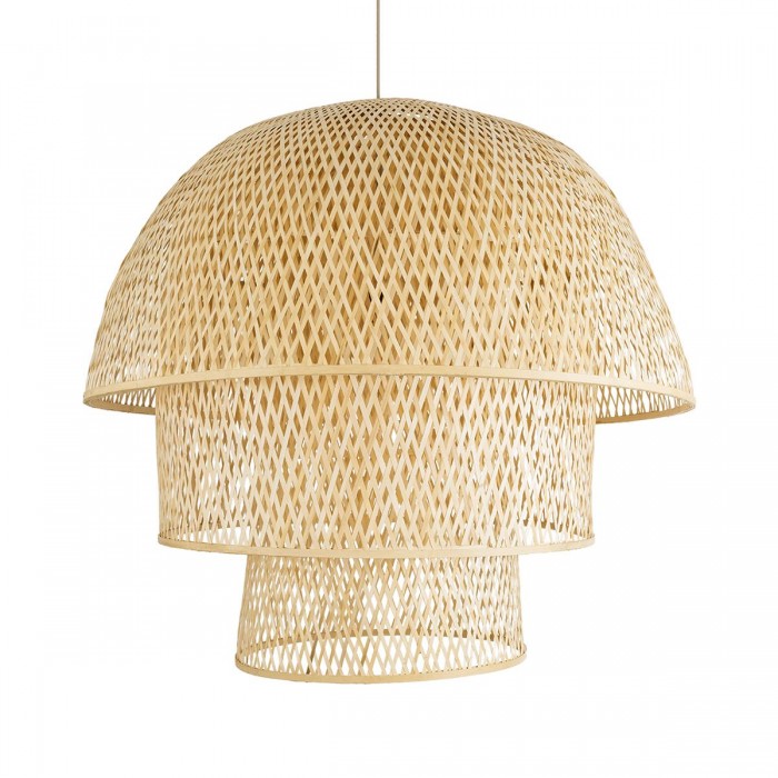 GloboStar® HIROKA 02046 Boho Κρεμαστό Φωτιστικό Καμπάνα Μονόφωτο 1 x E27 IP20 Μπεζ Ξύλο - Μ100 x Π100 x Υ110cm