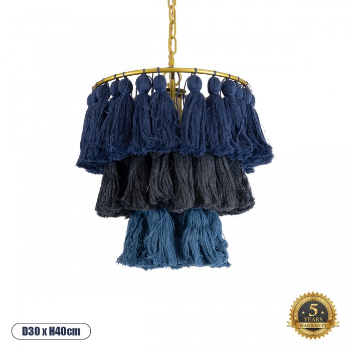 GloboStar® MISSOULA 02085 Boho Κρεμαστό Φωτιστικό Σχοινί Μονόφωτο 1 x E27 IP20 Μπλε & Μαύρο Ύφασμα με Χρυσό Μέταλλο - Μ30 x Π30 x Υ40cm GloboStar® MISSOULA 02085 Boho Κρεμαστό Φωτιστικό Σχοινί Μονόφωτο 1 x E27 IP20 Μπλε & Μαύρο Ύφασμα με Χρυσό Μέταλλο - Μ30 x Π30 x Υ40cm