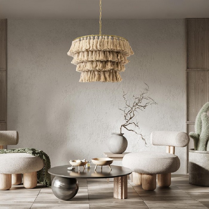 GloboStar® MISSOULA 02088 Boho Κρεμαστό Φωτιστικό Σχοινί Μονόφωτο 1 x E27 IP20 Μπεζ Ύφασμα με Χρυσό Μέταλλο - Μ60 x Π60 x Υ40cm