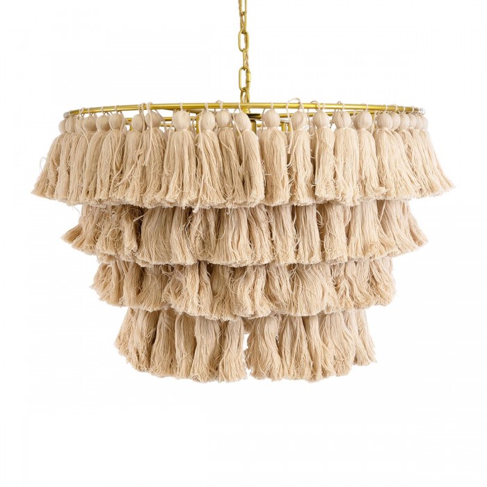 GloboStar® MISSOULA 02088 Boho Κρεμαστό Φωτιστικό Σχοινί Μονόφωτο 1 x E27 IP20 Μπεζ Ύφασμα με Χρυσό Μέταλλο - Μ60 x Π60 x Υ40cm