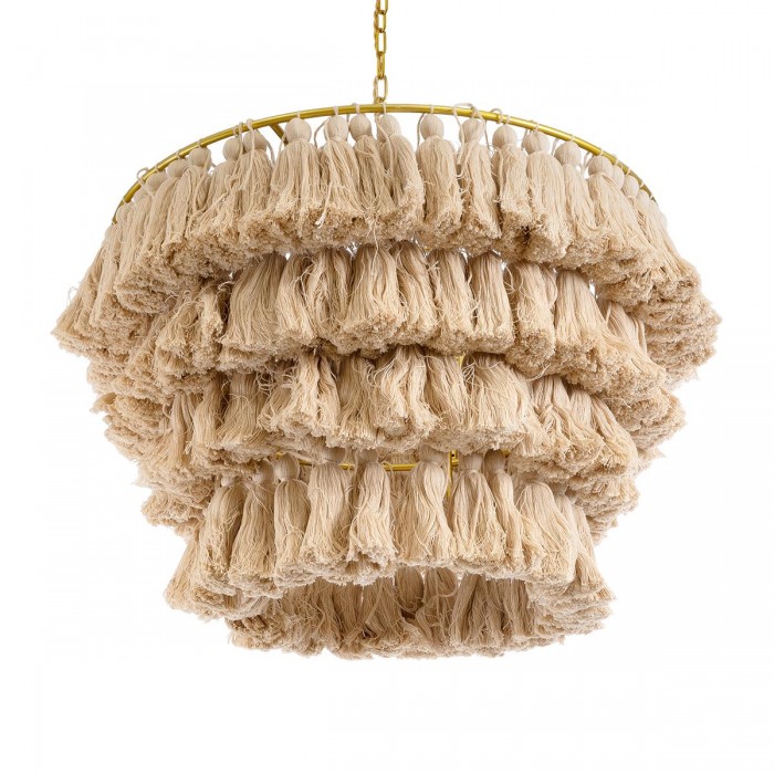 GloboStar® MISSOULA 02088 Boho Κρεμαστό Φωτιστικό Σχοινί Μονόφωτο 1 x E27 IP20 Μπεζ Ύφασμα με Χρυσό Μέταλλο - Μ60 x Π60 x Υ40cm