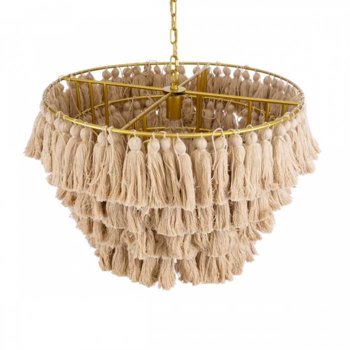 GloboStar® MISSOULA 02088 Boho Κρεμαστό Φωτιστικό Σχοινί Μονόφωτο 1 x E27 IP20 Μπεζ Ύφασμα με Χρυσό Μέταλλο - Μ60 x Π60 x Υ40cm