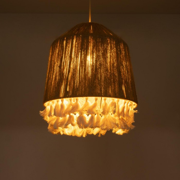 GloboStar® PUERTORICO 02092 Boho Κρεμαστό Φωτιστικό Καμπάνα Μονόφωτο 1 x E27 IP20 Μπεζ & Λευκό Σχοινί - Μ40 x Π40 x Υ45cm