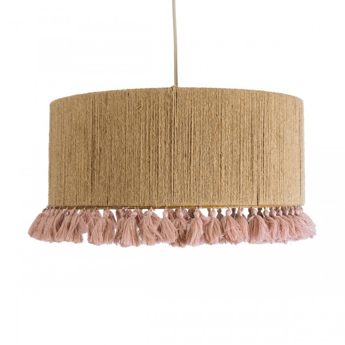 GloboStar® PUERTORICO 02096 Boho Κρεμαστό Φωτιστικό Καπέλο Μονόφωτο 1 x E27 IP20 Μπεζ & Ροζ Σχοινί - Μ50 x Π50 x Υ27cm