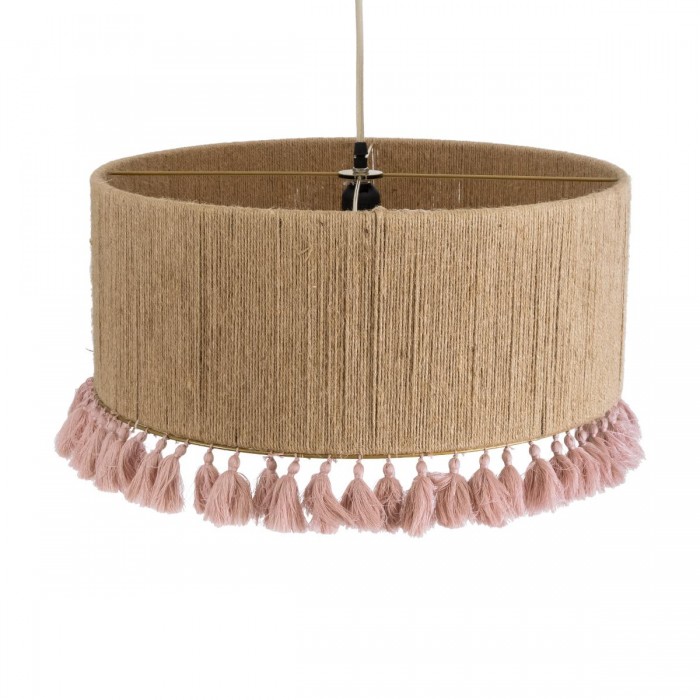 GloboStar® PUERTORICO 02096 Boho Κρεμαστό Φωτιστικό Καπέλο Μονόφωτο 1 x E27 IP20 Μπεζ & Ροζ Σχοινί - Μ50 x Π50 x Υ27cm