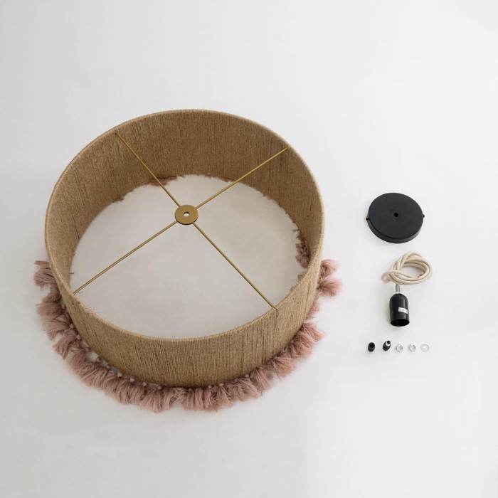 GloboStar® PUERTORICO 02096 Boho Κρεμαστό Φωτιστικό Καπέλο Μονόφωτο 1 x E27 IP20 Μπεζ & Ροζ Σχοινί - Μ50 x Π50 x Υ27cm