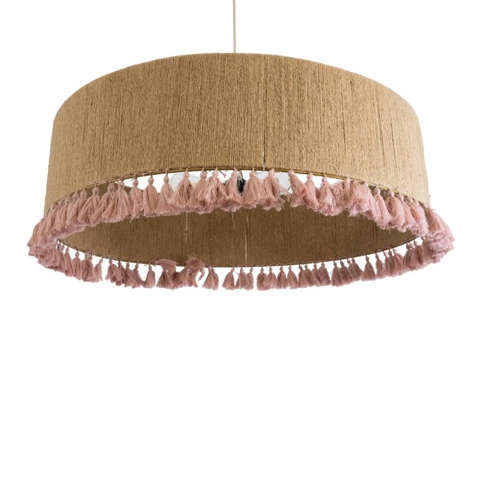 GloboStar® PUERTORICO 02097 Boho Κρεμαστό Φωτιστικό Καπέλο Τρίφωτο 3 x E27 IP20 Μπεζ & Ροζ Σχοινί - Μ80 x Π80 x Υ27cm