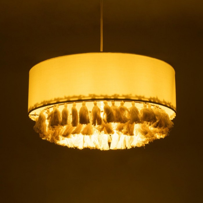 GloboStar® GINGER 02100 Boho Κρεμαστό Φωτιστικό Καπέλο Μονόφωτο 1 x E27 IP20 Μπεζ Ύφασμα με Μπεζ Σχοινί - Μ50 x Π50 x Υ25cm