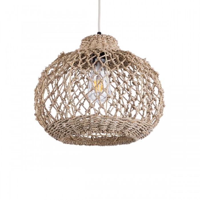 GloboStar® ECUADOR 02115 Boho Κρεμαστό Φωτιστικό Οροφής Μονόφωτο 1 x E27 AC220-240V IP20 - Φ35 x Υ28cm - Μπεζ Seagrass - Φύκι Πλέγμα Καμπάνα