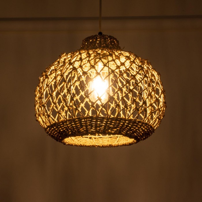 GloboStar® ECUADOR 02115 Boho Κρεμαστό Φωτιστικό Οροφής Μονόφωτο 1 x E27 AC220-240V IP20 - Φ35 x Υ28cm - Μπεζ Seagrass - Φύκι Πλέγμα Καμπάνα