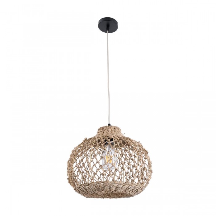 GloboStar® ECUADOR 02115 Boho Κρεμαστό Φωτιστικό Οροφής Μονόφωτο 1 x E27 AC220-240V IP20 - Φ35 x Υ28cm - Μπεζ Seagrass - Φύκι Πλέγμα Καμπάνα