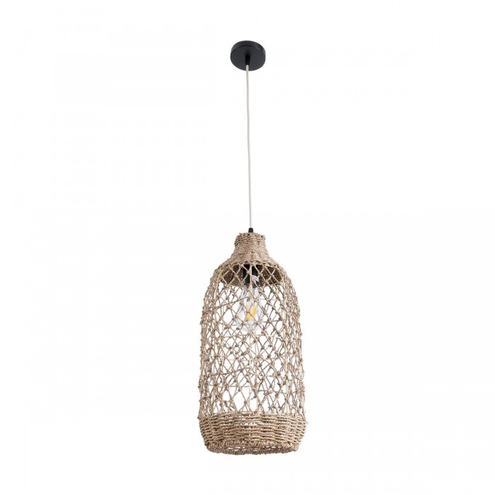 GloboStar® ECUADOR 02116 Boho Κρεμαστό Φωτιστικό Οροφής Μονόφωτο 1 x E27 AC220-240V IP20 - Φ23 x Υ50cm - Μπεζ Seagrass - Φύκι Πλέγμα Καμπάνα