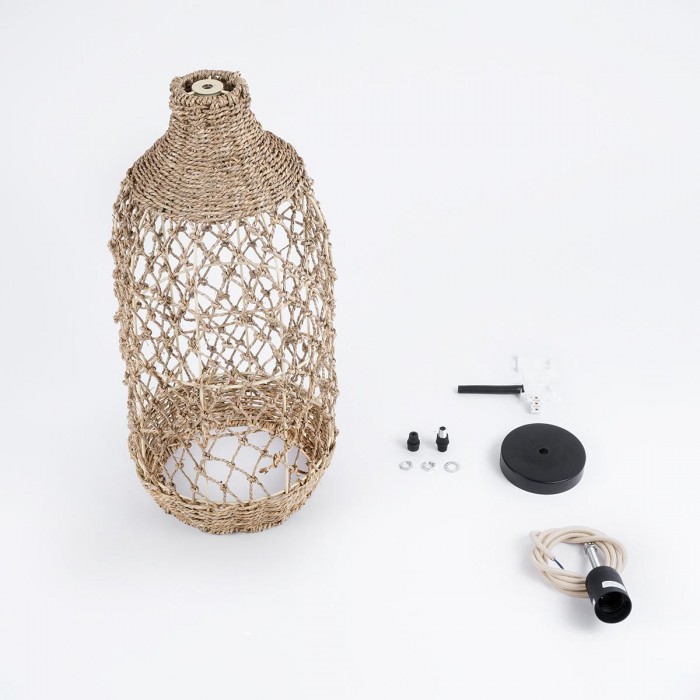 GloboStar® ECUADOR 02116 Boho Κρεμαστό Φωτιστικό Οροφής Μονόφωτο 1 x E27 AC220-240V IP20 - Φ23 x Υ50cm - Μπεζ Seagrass - Φύκι Πλέγμα Καμπάνα