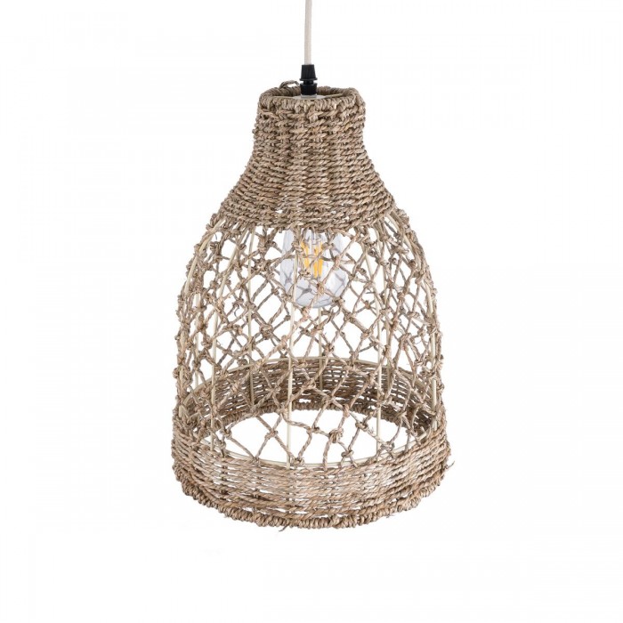 GloboStar® ECUADOR 02118 Boho Κρεμαστό Φωτιστικό Οροφής Μονόφωτο 1 x E27 AC220-240V IP20 - Φ25 x Υ35cm - Μπεζ Seagrass - Φύκι Πλέγμα Καμπάνα