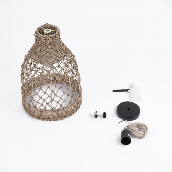 GloboStar® ECUADOR 02118 Boho Κρεμαστό Φωτιστικό Οροφής Μονόφωτο 1 x E27 AC220-240V IP20 - Φ25 x Υ35cm - Μπεζ Seagrass - Φύκι Πλέγμα Καμπάνα