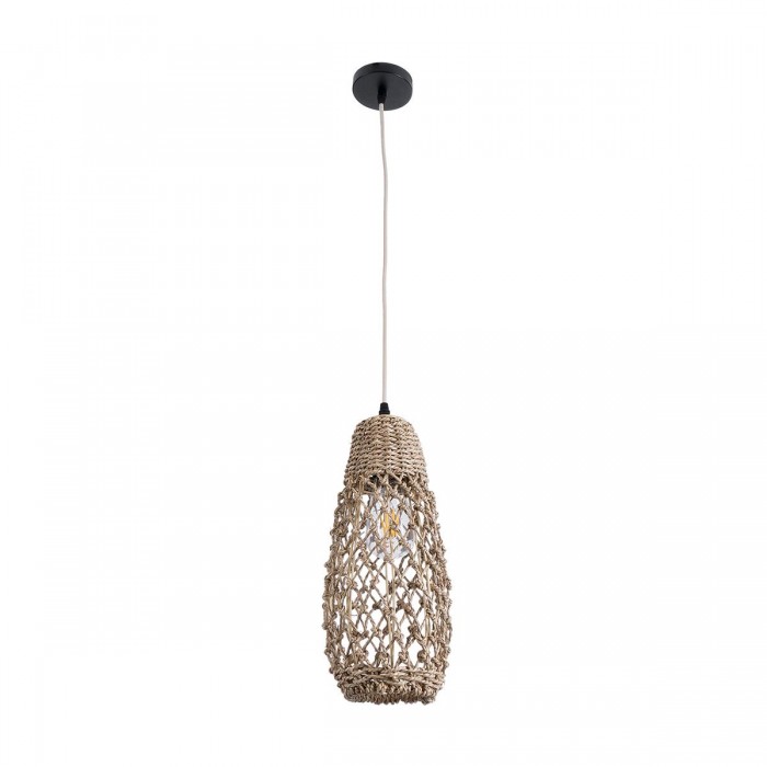 GloboStar® ECUADOR 02119 Boho Κρεμαστό Φωτιστικό Οροφής Μονόφωτο 1 x E27 AC220-240V IP20 - Φ15 x Υ35cm - Μπεζ Seagrass - Φύκι Πλέγμα Καμπάνα