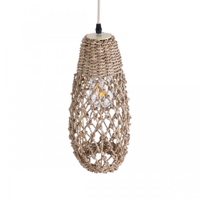 GloboStar® ECUADOR 02119 Boho Κρεμαστό Φωτιστικό Οροφής Μονόφωτο 1 x E27 AC220-240V IP20 - Φ15 x Υ35cm - Μπεζ Seagrass - Φύκι Πλέγμα Καμπάνα