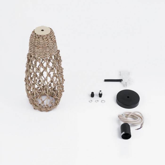 GloboStar® ECUADOR 02119 Boho Κρεμαστό Φωτιστικό Οροφής Μονόφωτο 1 x E27 AC220-240V IP20 - Φ15 x Υ35cm - Μπεζ Seagrass - Φύκι Πλέγμα Καμπάνα