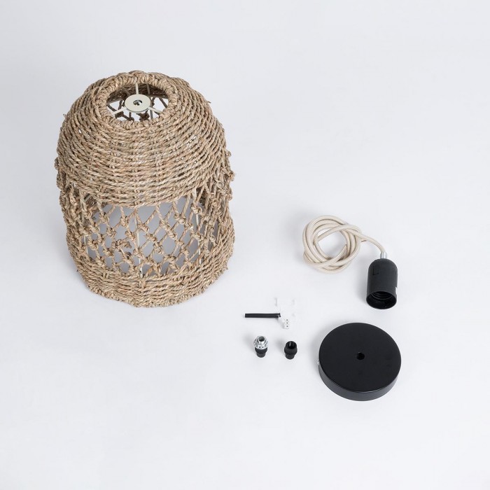 GloboStar® ECUADOR 02121 Boho Κρεμαστό Φωτιστικό Οροφής Μονόφωτο 1 x E27 AC220-240V IP20 - Φ20 x Υ25cm - Μπεζ Seagrass - Φύκι Πλέγμα Καμπάνα