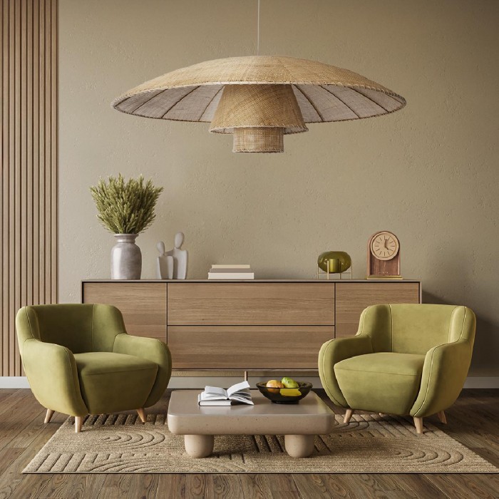 GloboStar® ZORA 02140 Boho Κρεμαστό Φωτιστικό Οροφής Μονόφωτο 1 x E27 AC220-240V IP20 - Φ120 x Υ40cm - Μπεζ Υφασμάτινο Καμπάνα