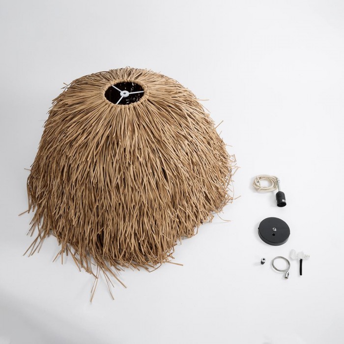 GloboStar® GUADELOUPE 02158 Boho Κρεμαστό Φωτιστικό Πλέγμα Μονόφωτο 1 x E27 IP20 Μπεζ Ράφια - Μ80 x Π80 x Υ60cm