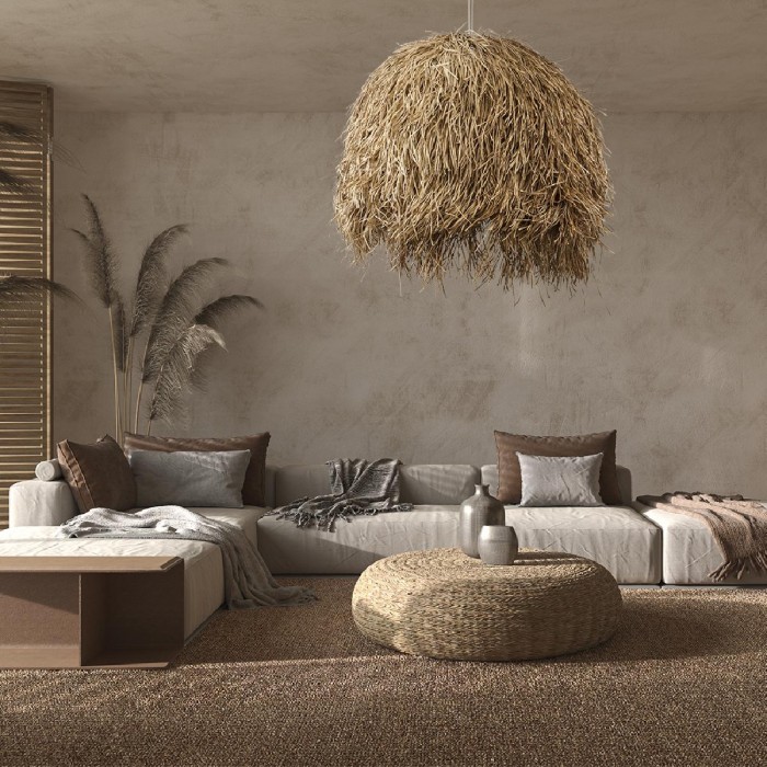 GloboStar® GUADELOUPE 02159 Boho Κρεμαστό Φωτιστικό Πλέγμα Μονόφωτο 1 x E27 IP20 Μπεζ Ράφια - Μ120 x Π120 x Υ100cm