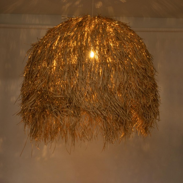 GloboStar® GUADELOUPE 02159 Boho Κρεμαστό Φωτιστικό Πλέγμα Μονόφωτο 1 x E27 IP20 Μπεζ Ράφια - Μ120 x Π120 x Υ100cm