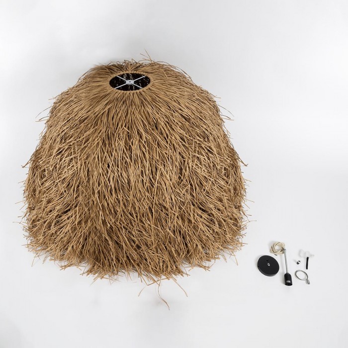 GloboStar® GUADELOUPE 02159 Boho Κρεμαστό Φωτιστικό Πλέγμα Μονόφωτο 1 x E27 IP20 Μπεζ Ράφια - Μ120 x Π120 x Υ100cm