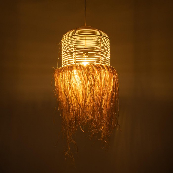 GloboStar® BASSETERRE 02162 Boho Κρεμαστό Φωτιστικό Πλεγμα Μονόφωτο 1 x E27 IP20 Μπεζ Ξύλο - Μ35 x Π35 x Υ60cm