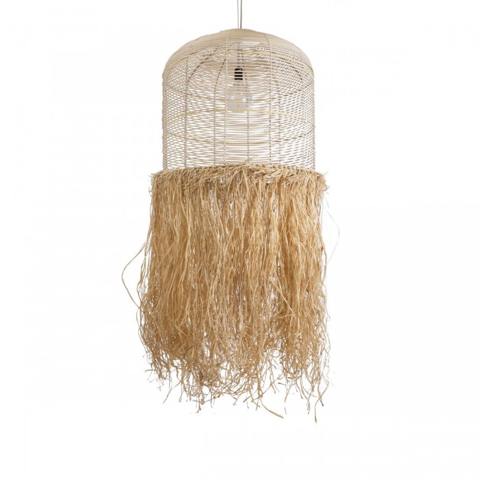 GloboStar® BASSETERRE 02163 Boho Κρεμαστό Φωτιστικό Πλέγμα Μονόφωτο 1 x E27 IP20 Μπεζ Ξύλο με Καφέ Ράφια - Μ70 x Π70 x Υ170cm