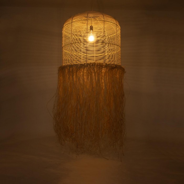 GloboStar® BASSETERRE 02163 Boho Κρεμαστό Φωτιστικό Πλέγμα Μονόφωτο 1 x E27 IP20 Μπεζ Ξύλο με Καφέ Ράφια - Μ70 x Π70 x Υ170cm