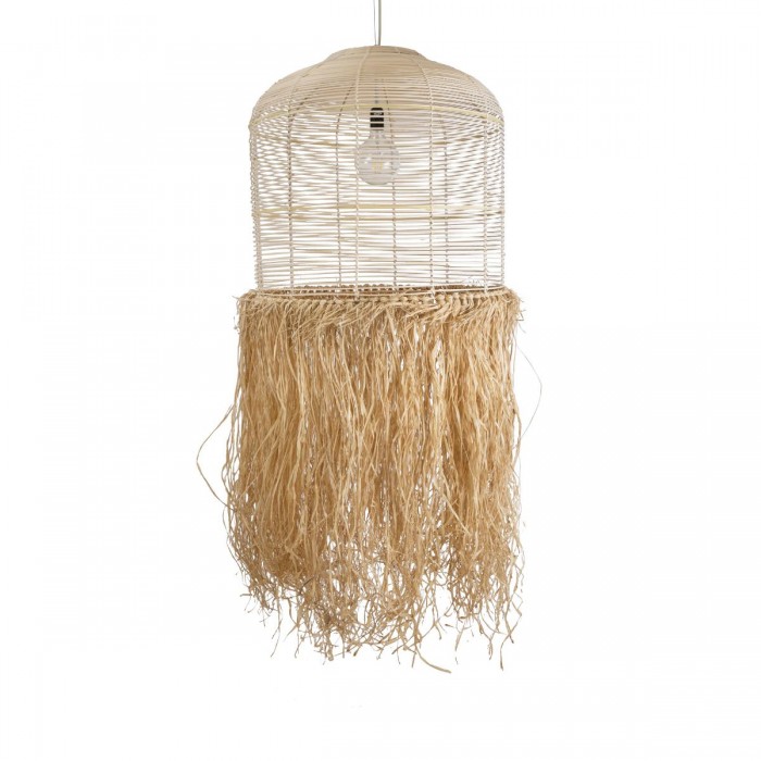 GloboStar® BASSETERRE 02163 Boho Κρεμαστό Φωτιστικό Πλέγμα Μονόφωτο 1 x E27 IP20 Μπεζ Ξύλο με Καφέ Ράφια - Μ70 x Π70 x Υ170cm