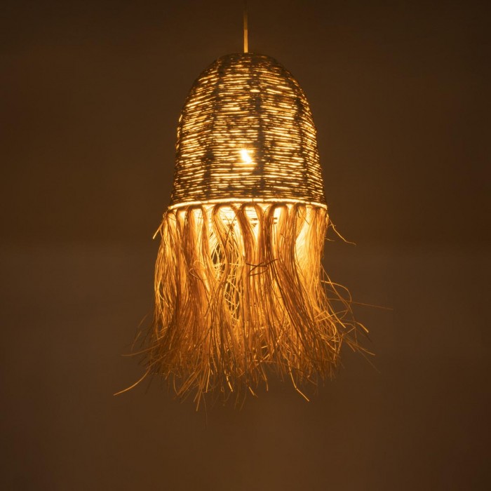 GloboStar® AREMBEPE 02178 Boho Κρεμαστό Φωτιστικό Πλέγμα Μονόφωτο 1 x E27 IP20 Μπεζ Ράφια - Μ34 x Π34 x Υ70cm