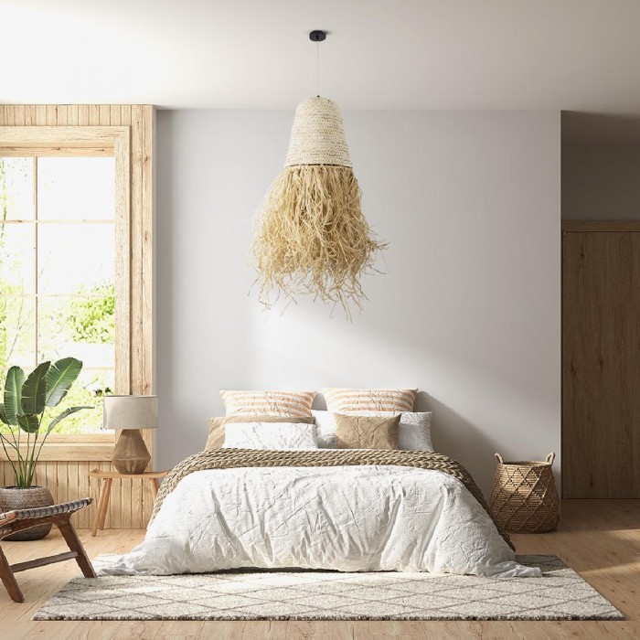 GloboStar® LETA 02189 Boho Κρεμαστό Φωτιστικό Πλέγμα Μονόφωτο 1 x E27 IP20 Μπεζ Ράφια - Μ34 x Π34 x Υ70cm