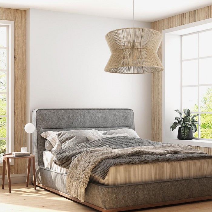 GloboStar® BISBEE 02204 Boho Κρεμαστό Φωτιστικό Οροφής Μονόφωτο 1 x E27 AC220-240V IP20 - Φ50 x Υ28cm - Μπεζ Λεπτό Σχοινί Τριχιά Πλέγμα