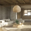 GloboStar® OREGON 02207 Boho Κρεμαστό Φωτιστικό Οροφής Μονόφωτο 1 x E27 AC220-240V IP20 - Φ80 x Υ65cm - Μπεζ Μπαμπού Πλέγμα