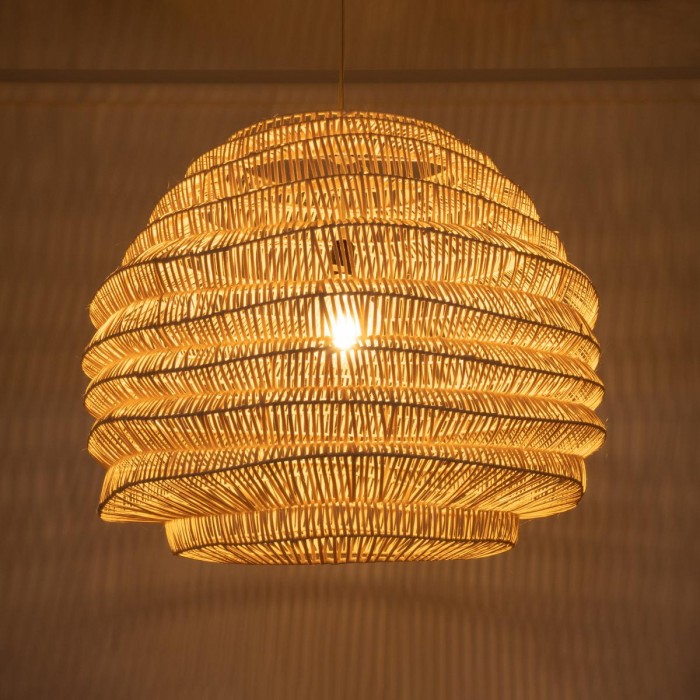 GloboStar® OREGON 02207 Boho Κρεμαστό Φωτιστικό Οροφής Μονόφωτο 1 x E27 AC220-240V IP20 - Φ80 x Υ65cm - Μπεζ Μπαμπού Πλέγμα