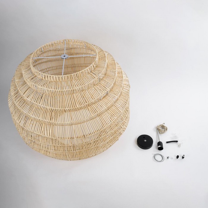 GloboStar® OREGON 02207 Boho Κρεμαστό Φωτιστικό Οροφής Μονόφωτο 1 x E27 AC220-240V IP20 - Φ80 x Υ65cm - Μπεζ Μπαμπού Πλέγμα