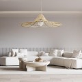 GloboStar® PALERMO 02209 Boho Κρεμαστό Φωτιστικό Οροφής Μονόφωτο 1 x E27 AC220-240V IP20 - Φ100 x Υ30cm - Μπεζ Ξύλινο Μπαμπού Πλέγμα
