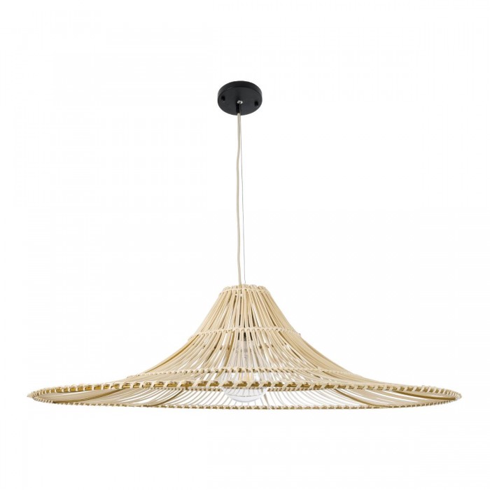 GloboStar® PALERMO 02209 Boho Κρεμαστό Φωτιστικό Οροφής Μονόφωτο 1 x E27 AC220-240V IP20 - Φ100 x Υ30cm - Μπεζ Ξύλινο Μπαμπού Πλέγμα