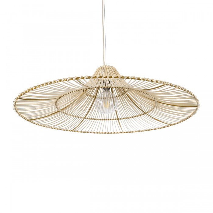 GloboStar® PALERMO 02209 Boho Κρεμαστό Φωτιστικό Οροφής Μονόφωτο 1 x E27 AC220-240V IP20 - Φ100 x Υ30cm - Μπεζ Ξύλινο Μπαμπού Πλέγμα