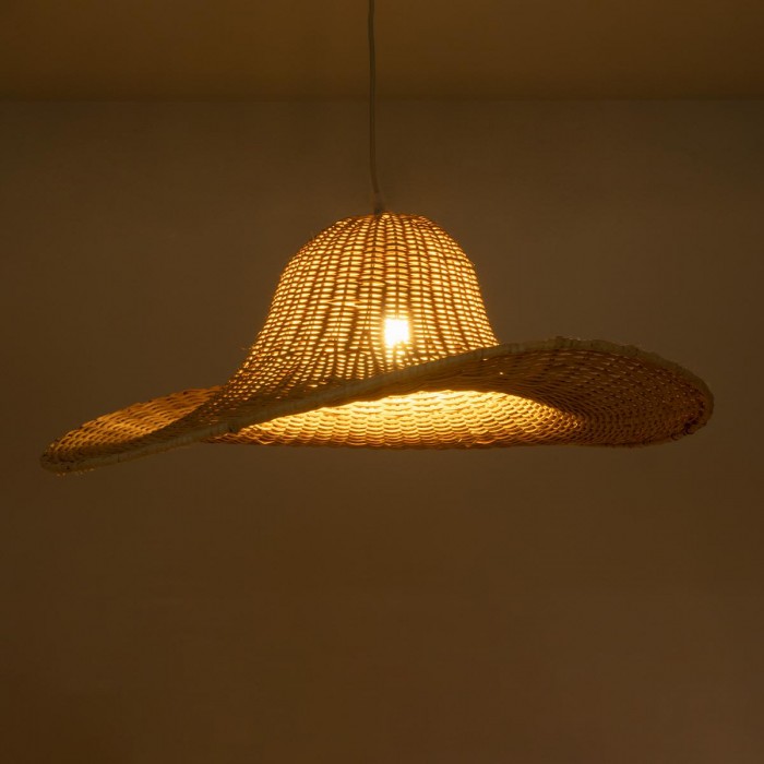 GloboStar® ESPARGOS 02214 Boho Κρεμαστό Φωτιστικό Οροφής Μονόφωτο 1 x E27 AC220-240V IP20 - Φ70 x Υ35cm - Μπεζ Ξύλινο Μπαμπού Πλέγμα