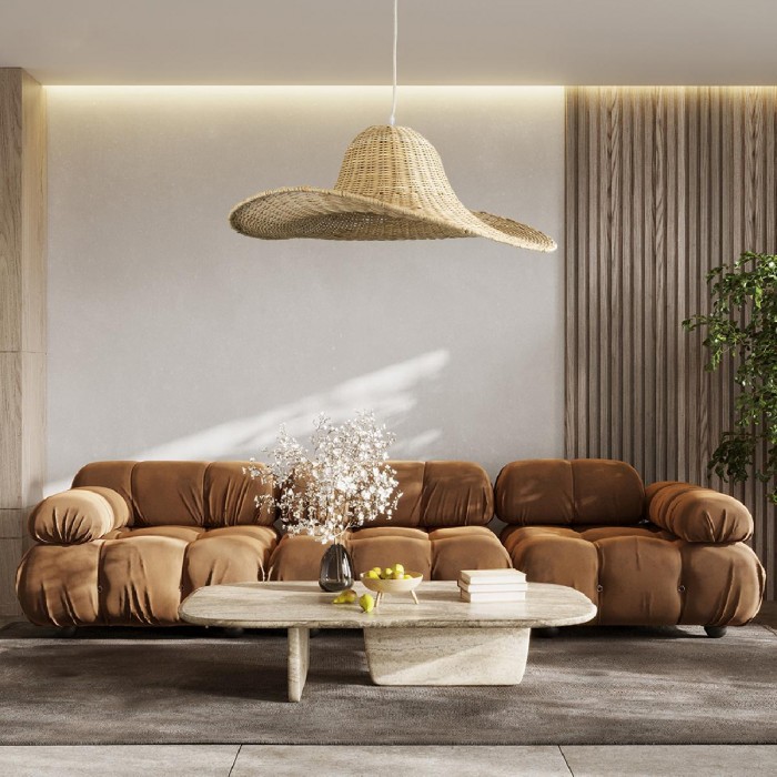 GloboStar® ESPARGOS 02214 Boho Κρεμαστό Φωτιστικό Οροφής Μονόφωτο 1 x E27 AC220-240V IP20 - Φ70 x Υ35cm - Μπεζ Ξύλινο Μπαμπού Πλέγμα